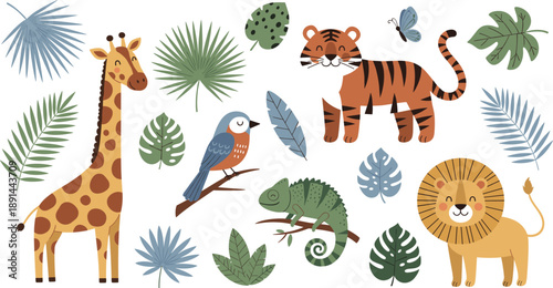 Collection of cute cartoon jungle animals and tropical leaves isolated on white background.