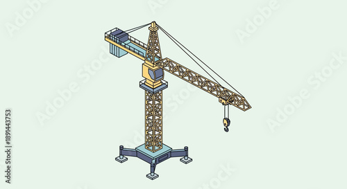 Isometric Construction Crane Illustration with Hook and Jib.