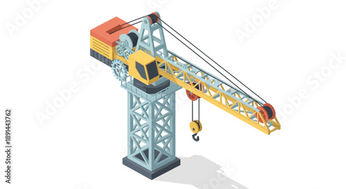 Isometric Construction Crane Illustration with Hook and Cables.