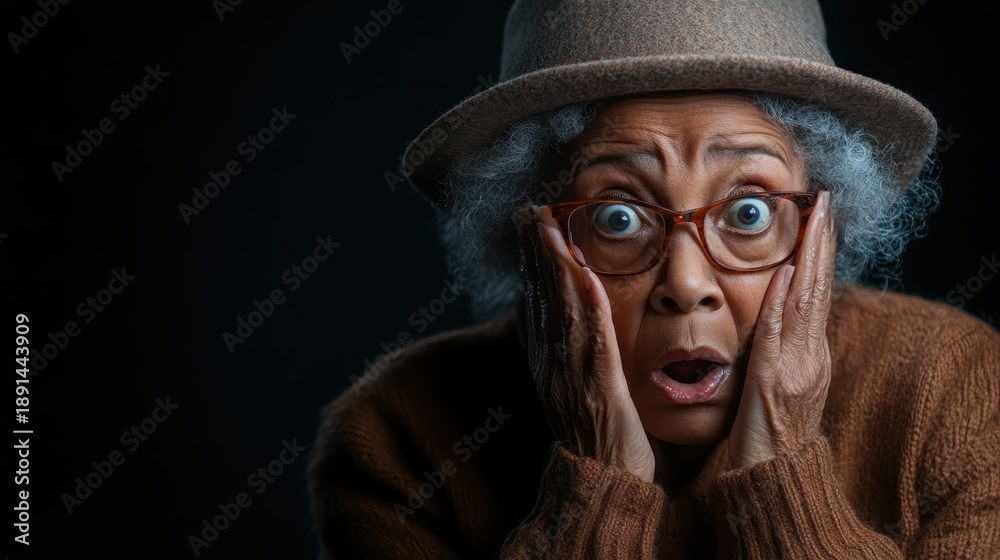 Fototapeta premium This striking image captures an older woman with a surprised expression, hands on her face, conveying strong emotions in response to unexpected news in a dramatic lighting setting.