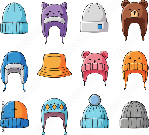 Professional vector illustrations of colorful winter beanies and animal-themed hats for apparel branding and seasonal marketing।