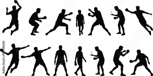 Handball player silhouettes set showing dynamic throwing, passing, jumping poses, isolated black figures for sports action design and training concepts