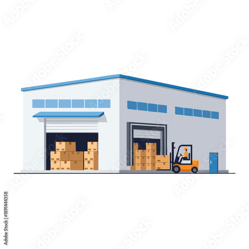 Warehouse with Forklift and Cardboard Boxes