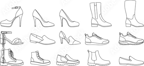 Footwear outline vector illustration set featuring heels boots sneakers loafers sandals and casual shoes in minimal black line art style