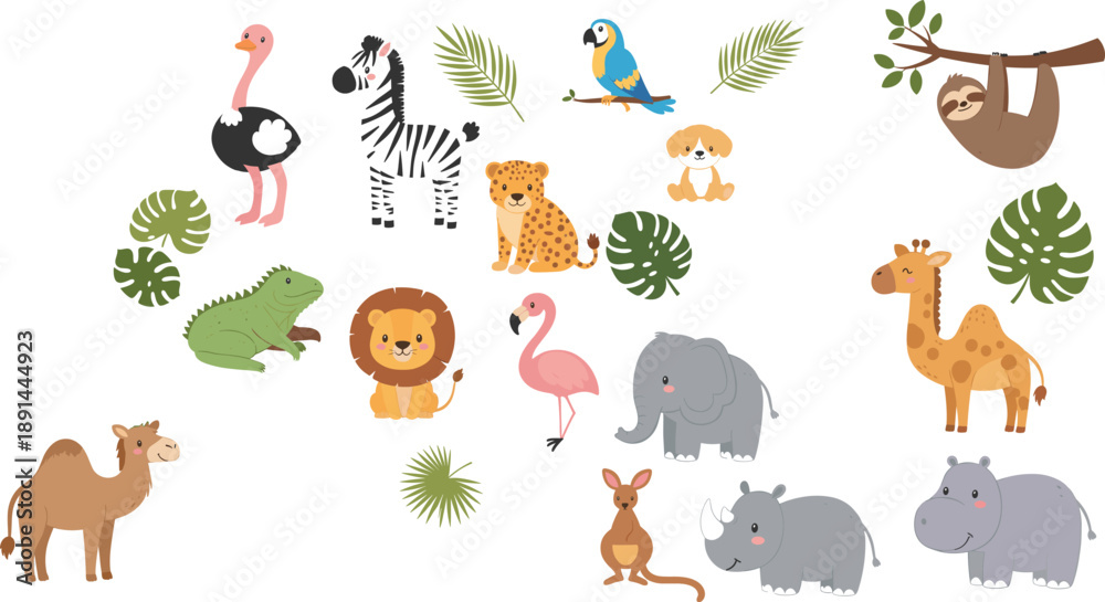 Fototapeta premium Collection of cute cartoon safari animals, tropical birds, and jungle characters isolated on white background.