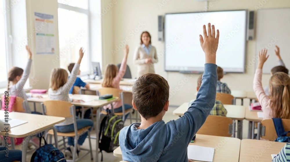Obraz premium Elementary school students raising hands classroom lesson education learning