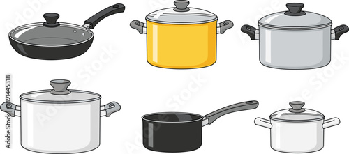 Kitchen cookware vector illustration set featuring pots and pans with lids, saucepans, cooking utensils, metal cookware collection for home kitchens