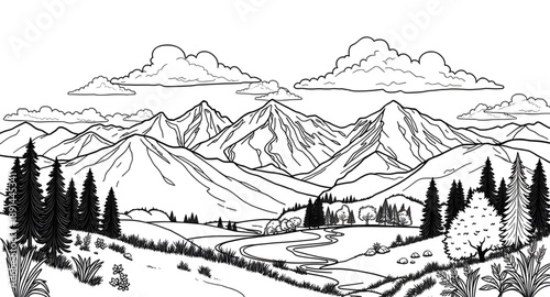 landscape, mountain, mountains, hills, peaks, ridge, valley, forest, trees, nature, outdoors, scenery, wilderness, travel, adventure, hiking, camping, exploration, natural, environment, vector, illust