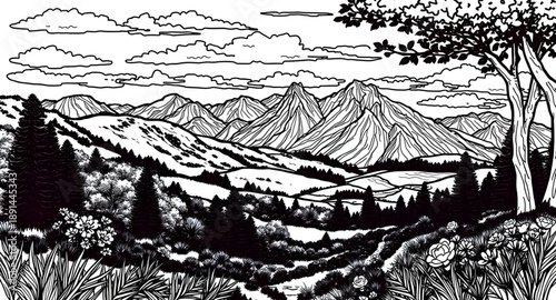 landscape, mountain, mountains, hills, peaks, ridge, valley, forest, trees, nature, outdoors, scenery, wilderness, travel, adventure, hiking, camping, exploration, natural, environment, vector, illust