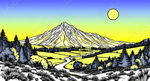 landscape, mountain, mountains, hills, peaks, ridge, valley, forest, trees, nature, outdoors, scenery, wilderness, travel, adventure, hiking, camping, exploration, natural, environment, vector, illust