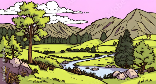 landscape, mountain, mountains, hills, peaks, ridge, valley, forest, trees, nature, outdoors, scenery, wilderness, travel, adventure, hiking, camping, exploration, natural, environment, vector, illust