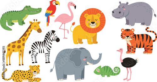 Collection of cute cartoon wild animals and safari birds isolated on white background for kids design.