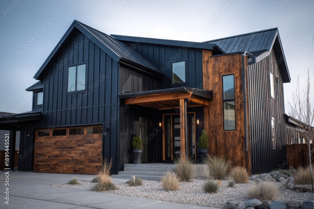 Fototapeta premium A contemporary house featuring elegant wooden accents is beautifully nestled within a meticulously maintained landscape, situated in a tranquil neighborhood during the serene late afternoon hours