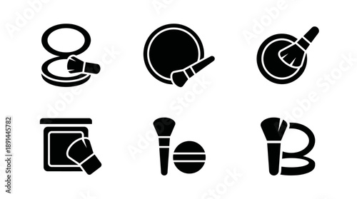 Makeup powder compact and brush silhouette icon set isolated on transparent background, vector flat design collection.