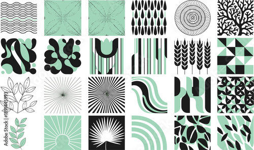 Collection of modern mint green and black geometric patterns, botanical motifs, and abstract nature icons.