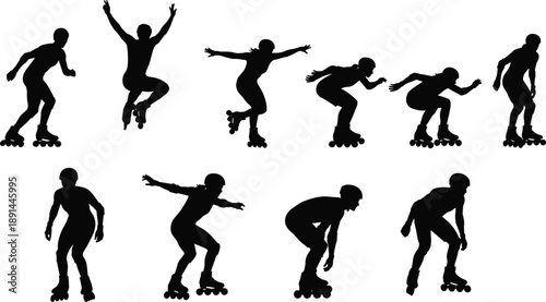 Roller skating silhouette collection showing dynamic jumping, gliding, and stopping poses, isolated black skaters for sports action, fitness, motion, and vector design