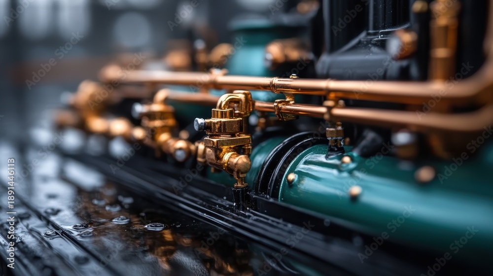 Fototapeta premium An intricate close-up of vintage engine parts showcases the beauty of mechanical craftsmanship, evoking a sense of nostalgia and appreciation for engineering excellence.