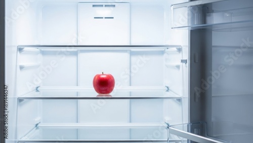 A single red apple sits alone on a shelf in an empty refrigerator