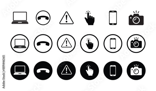 Icon set featuring laptop, phone, alert, touch, smartphone, and camera in line, outlined, and solid styles. Ideal for UI design, communication apps, and digital interface projects.