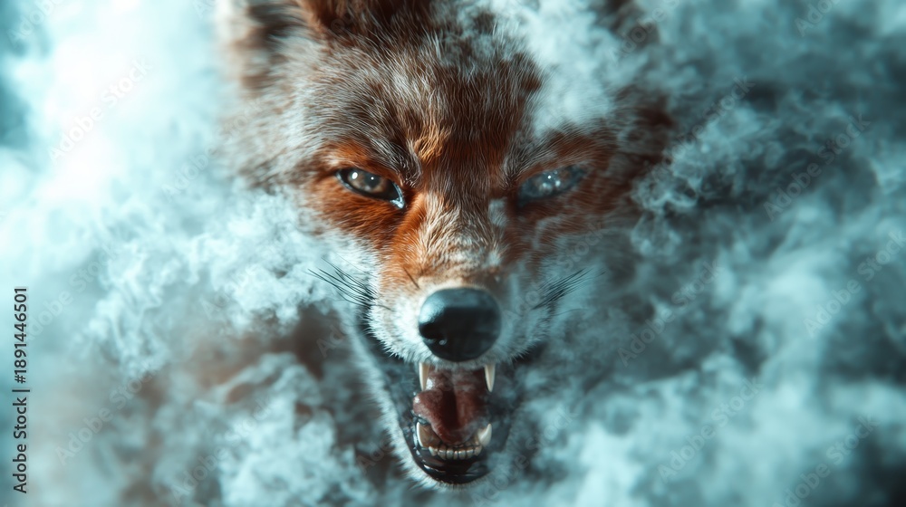 Obraz premium A powerful depiction of a fox with penetrating eyes emerging from swirling smoke, symbolizing intensity, mystery, and stealth in a dramatic and captivating atmosphere.