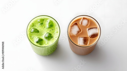 Top down view of two refreshing cold beverages vibrant green matcha with froth and ice and creamy brown iced coffee or latte with ice in ribbed glasses against a white backdrop