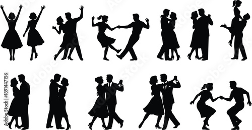 Silhouette collection of energetic dancing couples and solo dancers performing ballroom, swing, and romantic partner movements with expressive poses on white background