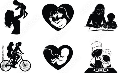 Collection of black and white silhouette depicting family life and activities mother