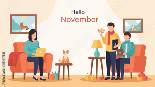 Cozy November scene with people, dogs, pumpkins, and autumn leaves inside