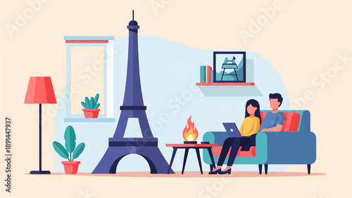 Cozy Parisian interior with Eiffel Tower model and couple on sofa