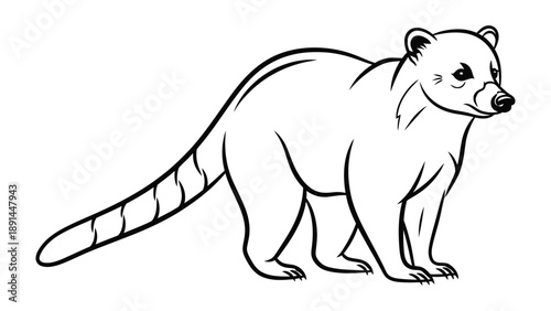 Coati Illustration: A black and white illustration of a coati, a distinctive mammal with a long, ringed tail, stands gracefully, capturing the essence of the creature's unique characteristics.