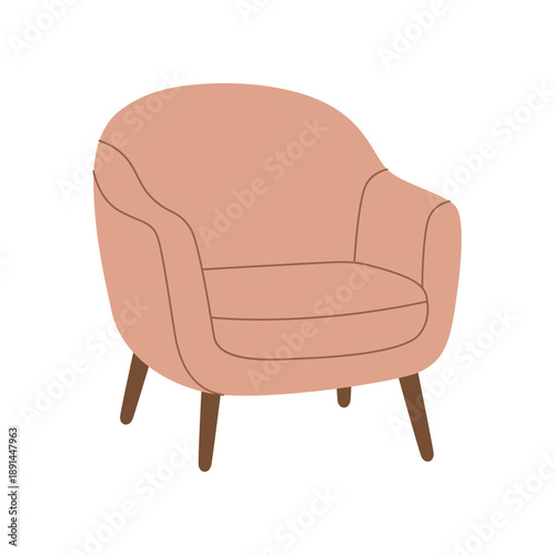 Soft upholstered armchair with rounded back. Flat vector furniture illustration