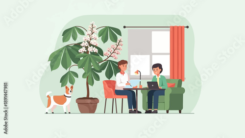 Cozy room scene with blooming plant, dog, and two people working remotely