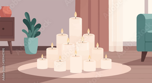 Cozy room with a variety of lit candles on a rug