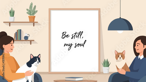 Cozy home scene with people, pets, plants, and inspirational quote art