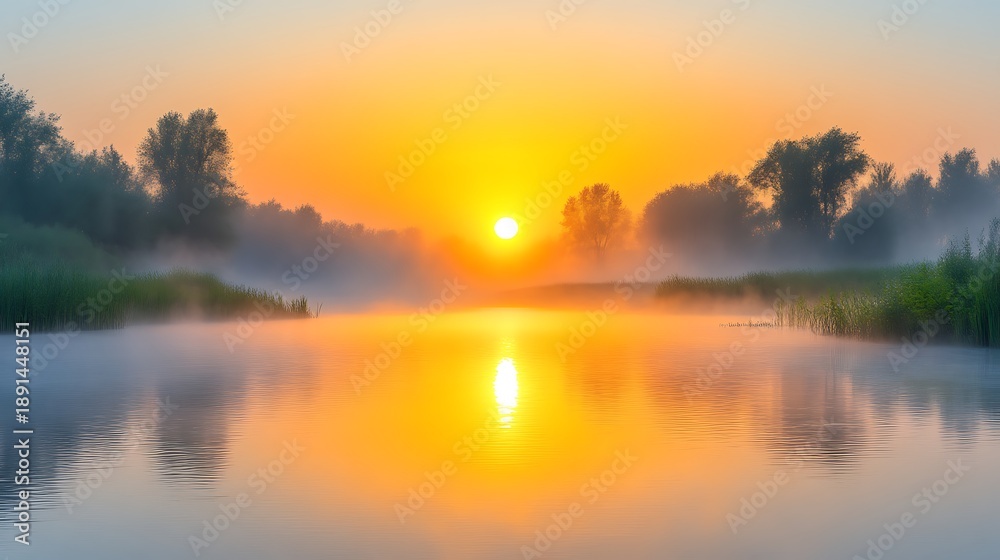 Fototapeta premium Sunrise over a misty river. Silhouette trees line the banks. Golden sun reflects on calm water. Soft, pastel colors