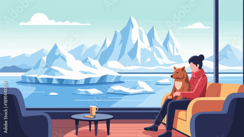 Cozy indoor scene overlooking majestic icy peaks and a vast serene arctic sea
