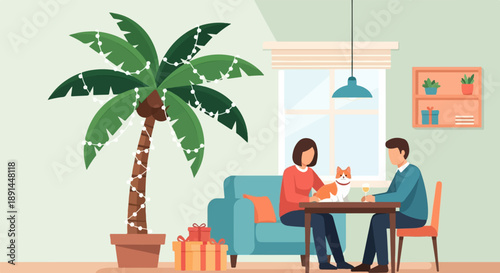 Cozy indoor scene with a couple, a cat, gifts, and a decorated palm tree