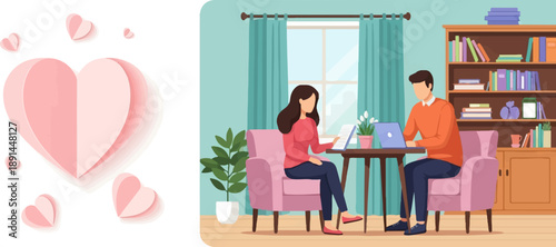 Couple works together at home with pink hearts floating around