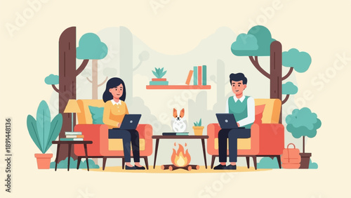 Cozy indoor scene with a couple working on laptops by a fireplace, a dog nearby
