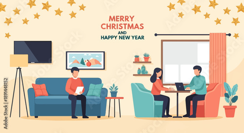 Cozy living room scene with people celebrating holidays