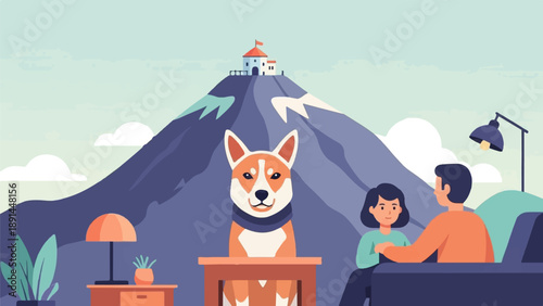 Cozy indoor scene with a dog, people, and mountain backdrop
