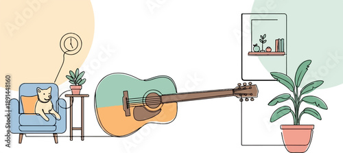 Cozy indoor scene with a dog on a chair, guitar, and plants