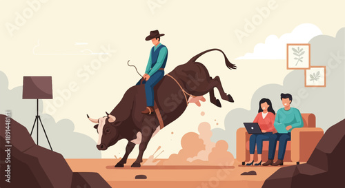 Cowboy on bucking bull, couple with laptop watching
