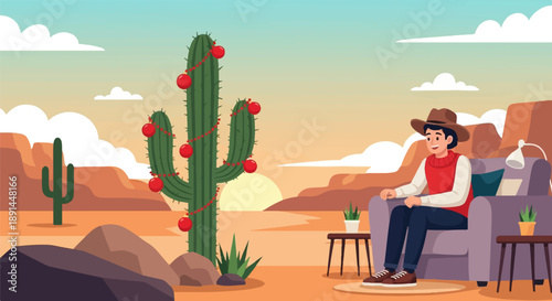 Cowboy relaxes in a desert living room with a decorated saguaro cactus