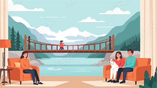 Cozy indoor scene with a family and dog overlooking a mountain bridge