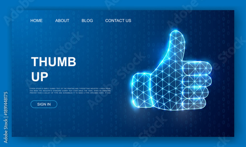 Thumbs up gesture in glowing wireframe mesh. Digital layout design. Futuristic UI or UX concept