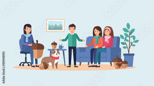 Cozy indoor scene with a family, dog, and autumn decorations