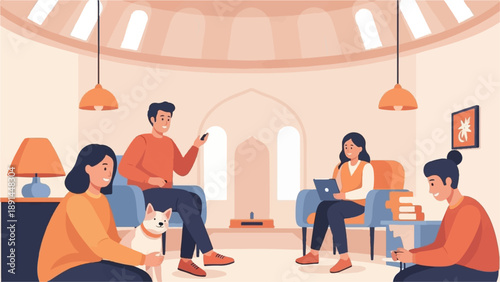 Cozy indoor scene with people, a dog, and a laptop in warm tones