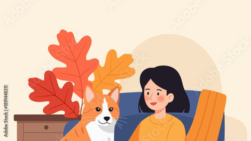 Cozy autumn scene with a girl and her cat, surrounded by colorful leaves