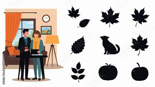 Couple working together in a cozy room, surrounded by autumn icons